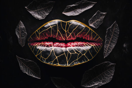 product image abstract lips made of red stone and black marble inlaid with gold threads .generative AIの素材