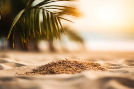 palm leaves in the sand on the beach, emerald green sea in the background. tilt shift. vacation and travel concept. Generative AIの素材