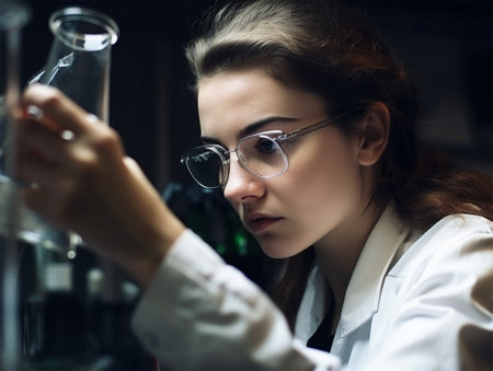 A young woman scientist works in a laboratory. Science and medicine. Generative AIの素材