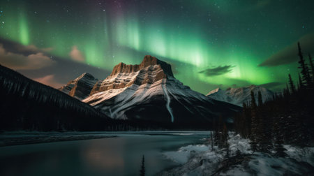 Northern lights over the mountain near the lake. Generative AIの素材