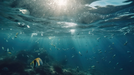 Plastic pollution in ocean environmental problem. Plastic bags and bottles pollute sea. Underwater trash. Generative AIの素材
