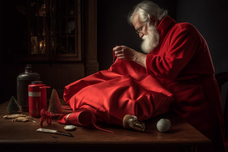 Santa Claus sews a bag for Christmas gifts.the concept of the holiday and Christmas. copyspace.の素材