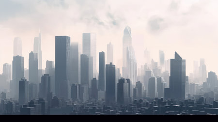 many skyscrapers in the city. skyline. smog fog midday. Generative AIの素材