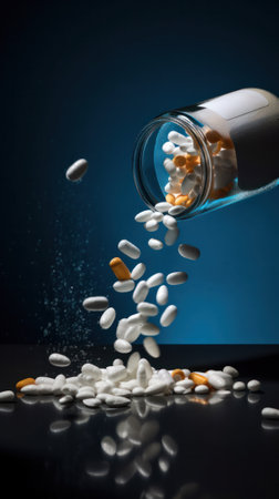 capsules or pills spill out of a jar on a table on a dark background .health medicine concept. Generative AIの素材