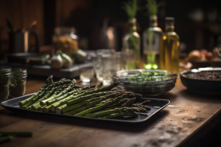 a bunch of asparagus lies on the kitchen table next to spices and oil in the kitchen. Generative AIの素材