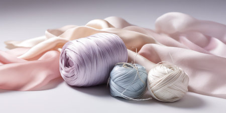 threads and silk fabrics in pastel colors on a light background .sewing supplies. Generative AIの素材