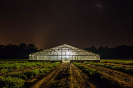 indoor greenhouse on a farm field during the night . Generative AIの素材