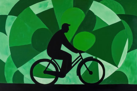 background in green colors .man on a bicycle, city and landscape, in the style of geometric shapes.の素材