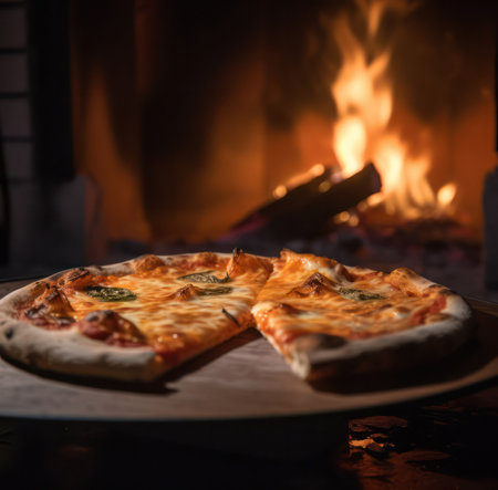 cooked italian pizza with cheese on the background of an open fire. Generative AIの素材