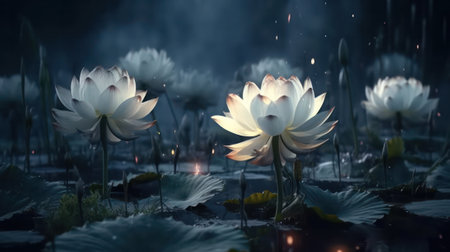 A beautiful radiant flower emerging from the night. flower on the background of bokeh and magic glow. Design for walls, photo wallpapers, wallpapers, photo wallpapers, postcards .Generative AIの素材