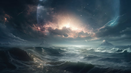 the whole natural universe with stellar nebulae, seas and stars, galaxies, planets and a cumulonimbus storm. Abstract background.Generative AIの素材