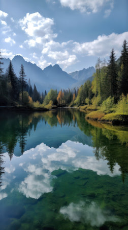 Panoramic view of a mountain lake in a natural landscape. Generative AIの素材