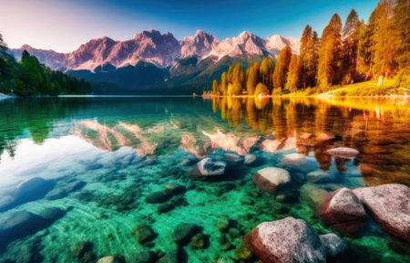 Panoramic view of a mountain lake in a natural landscape. Generative AIの素材