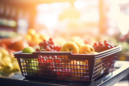 basket with groceries against the background of a blurred trading floor in a supermarket. Generative AIの素材