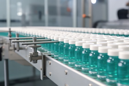 Close-up of the production of tablets for pharmaceuticals, the pharmaceutical or cosmetic industry, the production line of a medical or cosmetic factory.Generative AIの素材