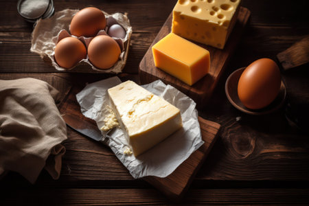 milk, several types of cheese, cottage cheese and eggs stand on a rustic farm table. Generative AIの素材