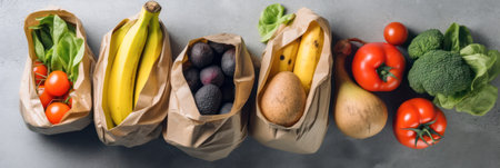 paper bags with vegetables and fruits are on the table.view from above.banner. Generative AIの素材