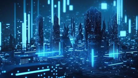 the city is connected and surrounded by a network of internet connections.Generative AIの素材
