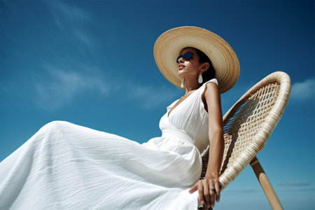 Beautiful spectacular young woman model in a white dress and hat against a bright blue sky on a sunny day. Generative AIの素材