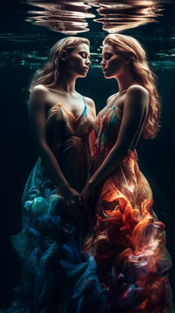 Gentle touches of two young women underwater in bright transparent dresses. Generative AIの素材