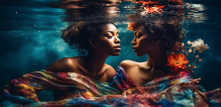 Gentle touches of two young african-american women underwater in bright transparent dresses. Generative AIの素材