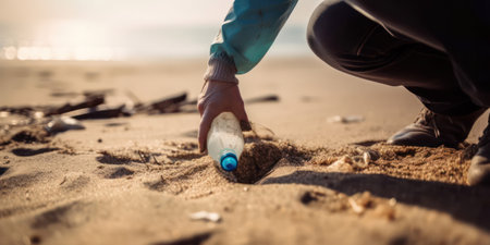 A volunteer cleans up a plastic bottle in nature near the sea. concept ecology and environmental protection. Generative AIの素材