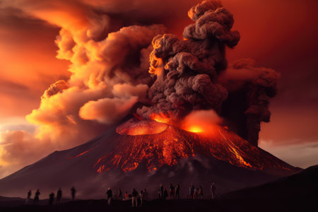 unrealistic plot: people from a short distance are watching a volcanic eruption, spewing fire, lava and ash.Generative AIの素材