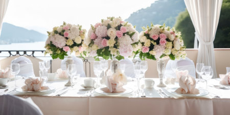 Tables set for celebration or wedding reception. luxury elegant table setting dinner in a restaurant. glasses and dishes.Generative AIの素材