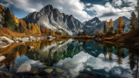 Panoramic view of a mountain lake in a natural landscape. Generative AIの素材