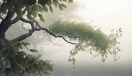 branches of a tree in the early morning against the backdrop of thick fog. background. Generative AIの素材