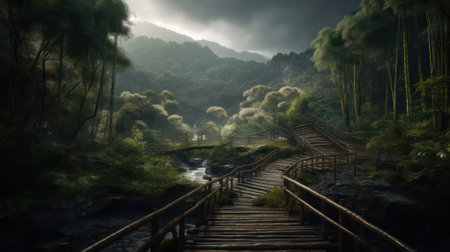 bridge in the bamboo forest on a rainy warm summer day. drizzle and fog.Generative AIの素材