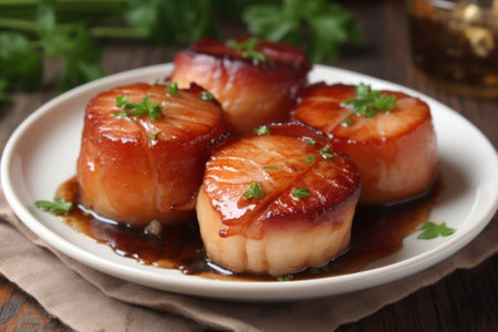 grilled sea scallops in bacon slices served on a plate on a white plate with sauce on a dark background. seafood. seafood. generative AIの素材