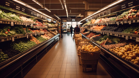 Interior view of a huge refrigerator in a grocery store .vegetables and fruits department. generative AIの素材