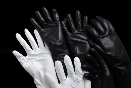 Two hands in sterile gloves. Hands in black nitrile and white nitrile gloves. Skin protection during epidemics and quarantine. protective overalls. there is space for text.Generative AIの素材