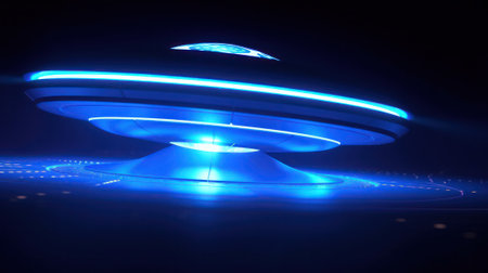 UFO, alien spaceships with blue beam of light, smoke and sparkles. Saucers with bright illumination and vertical beam, unidentified flying objects, realistic illustration. Generative AIの素材