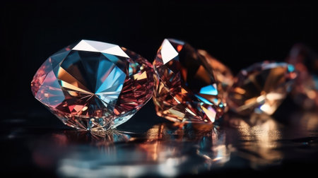 Large sparkling crystals refracting a beam of light on a black background. jewelry with diamonds on a backlight background.Generative AIの素材