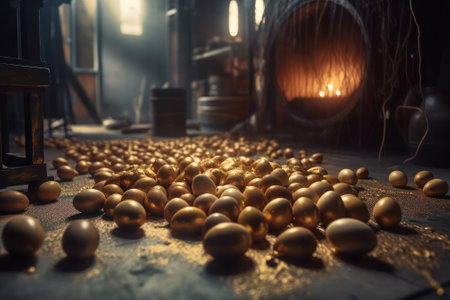 many golden eggs cast from gold with drops of molten gold. Generative AIの素材