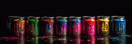Colorful paint leaking down on wall of metal bucket. Isolated over black background. Generative AIの素材