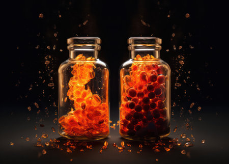 bright luminous pills in a transparent container.power engineer. Various capsules and tablets with dietary supplements or drugs. Generative AIの素材