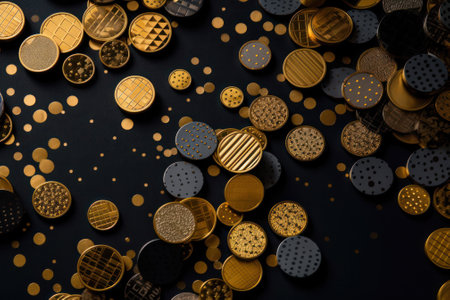 gold buttons and cufflinks on a black background with copy space, glare and bokeh. Generative AIの素材