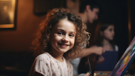 a happy girl smiles next to an easel and paints. is engaged in drawing in an art class.concept of education and creativity.の素材