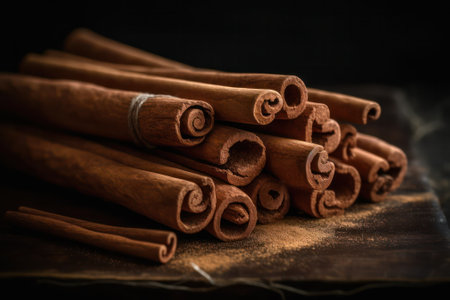 Ceylon Cinnamon Sticks on rustic background. Generative AIの素材