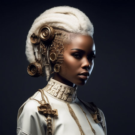 hairstyle and accessories in the style of afrofuturism and steampunk. fashion and high art of hairstyle. poster and magazine for stylists and colorists. Generative AIの素材