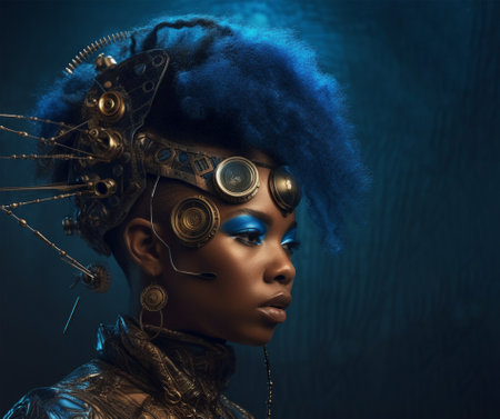 hairstyle and accessories in the style of afrofuturism and steampunk. fashion and high art of hairstyle. poster and magazine for stylists and colorists. Generative AIの素材