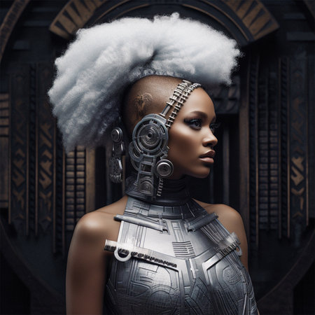 hairstyle and accessories in the style of afrofuturism. fashion and high art of hairstyle. poster and magazine for stylists and colorists. Generative AIの素材
