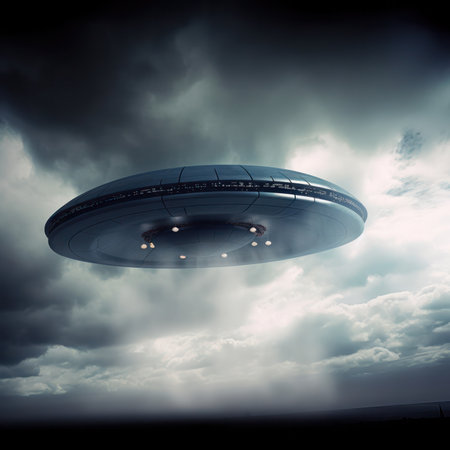 UFO, alien spaceships in the clouds in the sky. Saucers with bright illumination and vertical beam, unidentified flying objects, realistic illustration. Generative AIの素材