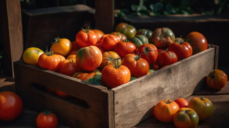 wooden box with fresh harvest of tomatoes on the farm field. Generative AIの素材