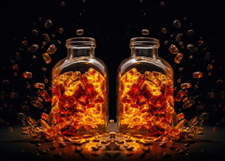bright luminous pills in a transparent container.power engineer. Various capsules and tablets with dietary supplements or drugs. Generative AIの素材