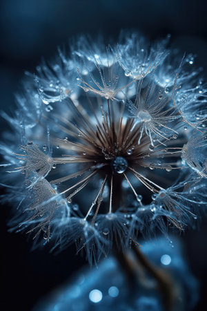 Dandelion seed with water drops turned into ice in backlight against a dark background. wallpaper.Generative AIの素材