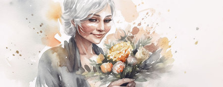 Gray-haired woman with a bouquet of flowers. concept of Family Day and Mothers Dayの素材